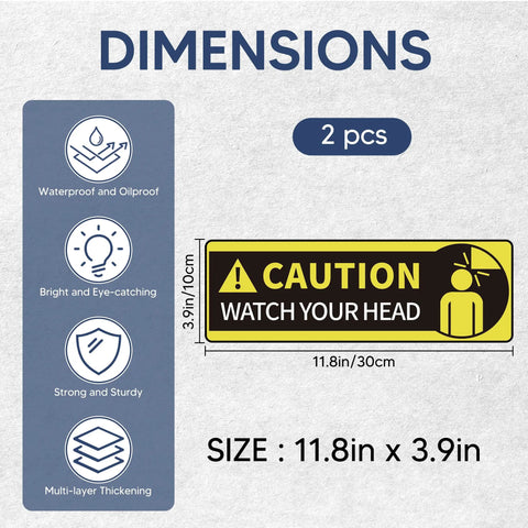 Two Pack Watch Your Head Sign Stickers Self Adhesive Frosted Vinyl Decals Easy Install Thick Durable Backing 3.9 Inch By 11.8 Inch Each Indoor Safety Warnings Clear Readability, dimensions view