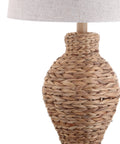 Natural Woven Water Hyacinth Table Lamp 31 Inch for Living Room Coastal Farmhouse Urn Base with Gray Linen Drum Shade LED Bulb Included Great for Bedroom Nightstand Vibe