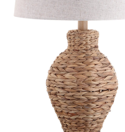 Natural Woven Water Hyacinth Table Lamp 31 Inch for Living Room Coastal Farmhouse Urn Base with Gray Linen Drum Shade LED Bulb Included Great for Bedroom Nightstand Vibe