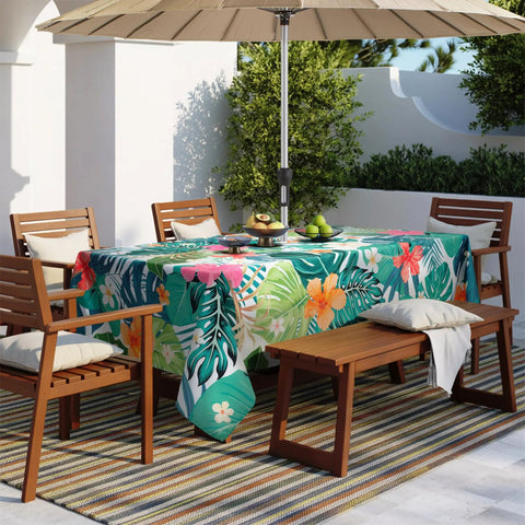 Rectangle Outdoor Tablecloth With Umbrella Hole And Palm Leaf Pattern 60 By 84 Inch Waterproof Polyester Patio Table Cover on patio