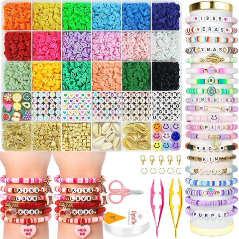 5300 Clay Beads Bracelet Making Kit For Kids Ages 8 To 12 With 500 Charms And Alphabet Beads A To Z Plus Vowels Ideal For Arts And Crafts Easter Toys Birthday Party Activities, showing colorful beads and bracelets.