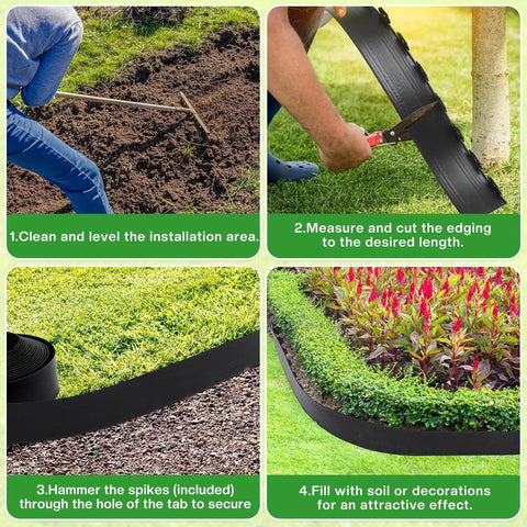 Steps displaying Six Inch By Fifty Foot Landscape Edging Kit Plastic Border For Lawn Garden And Yard With Forty Five Anchoring Spikes installation