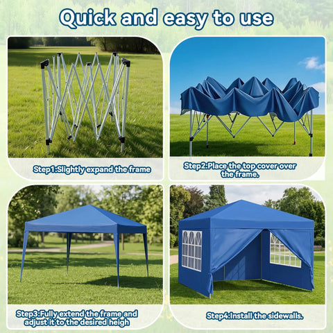 Step-by-step guide for setting up a 10x10 Auto Pop Up Canopy Tent With Weatherproof Sidewalls.