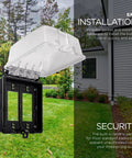 Outdoor Electrical Outlet Cover, Dual Gang Weatherproof Enclosure For Wet Locations, open view, mounted outdoors, black polycarbonate