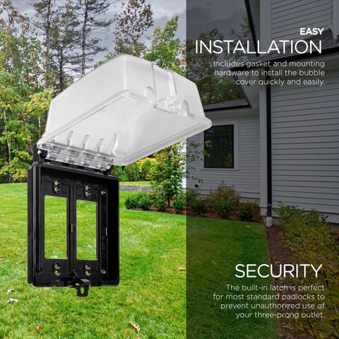Outdoor Electrical Outlet Cover, Dual Gang Weatherproof Enclosure For Wet Locations, open view, mounted outdoors, black polycarbonate