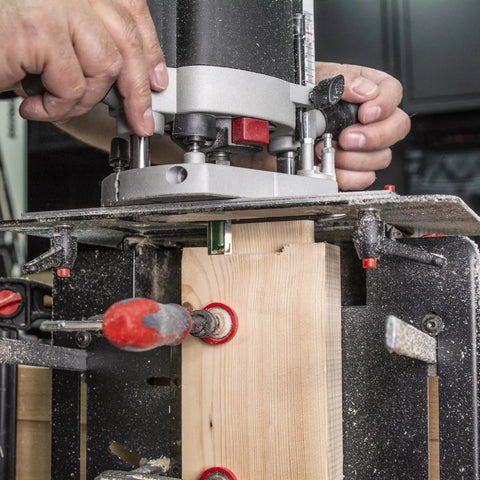 Dead On Mortise And Tenon Jig For Plunge Routers Slick Adjustable Woodworking Jig shown in use with precision adjustments on wood.