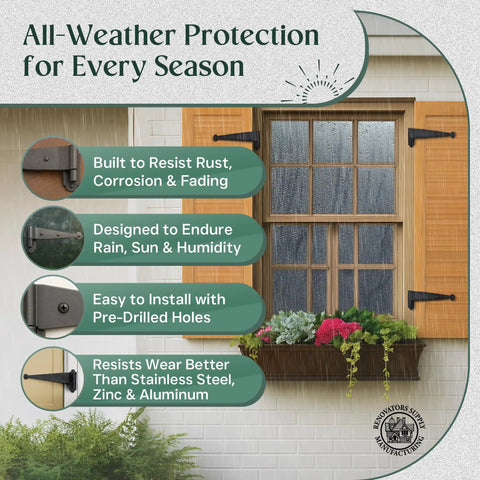 Image of shutters with Heavy Duty Black Offset Strap Lift Off Pintle Hinges built to last in rust-resistant black powder coat.