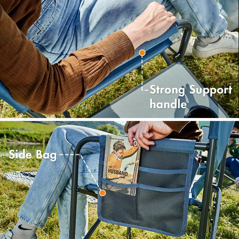 Directors Chair For Outdoors With Side Table Foldable Camping Chair For Adults Lightweight Heavy Duty Outdoor Seat Ideal For Beach And Travel Ready To Roll Supports Up To 300 Lbs In Blue Grey featuring side bag and strong handle