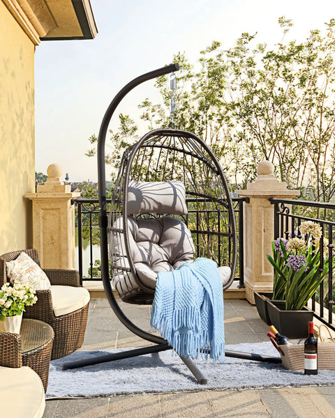 Egg Swing Chair With Stand For Outdoor Or Indoor Use, Hanging Chair With Cushioned Seat And Headrest In Light Gray on patio