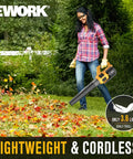 Person using Cordless Leaf Blower 21V Handheld With Dual 3.0Ah Batteries And Fast Charger, 550 CFM 150 MPH Lightweight 3.2 Lbs