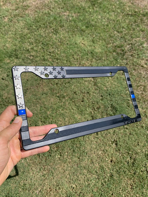Subdued 3D Embossed American Flag License Plate Frame With Black Gloss On Matte Finish For Car Truck Or SUV Featuring Thin Blue Line