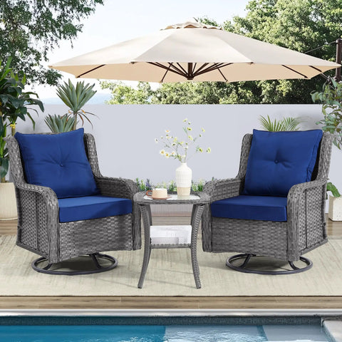 Three Piece Outdoor Patio Set With 360 Degree Swivel Rocking Chairs And Rattan Side Table In Grey Wicker With Blue Cushions