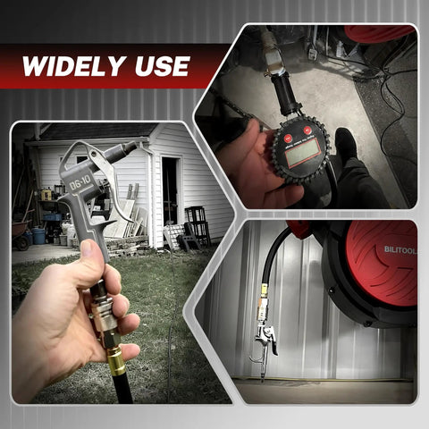 Retractable Air Hose Reel With Auto Rewind Three Eighths Inch By One Hundred Feet Heavy Duty Hybrid Hose in use outdoors.