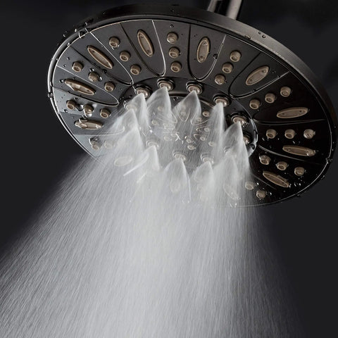 Oil Rubbed Bronze Rain Shower Head With Powerful High Pressure 7 Inch Diameter Six Settings spraying water downward.