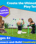 Glow In The Dark Fort Building Kit For Kids 81 Pack With 53 Rods And 28 Spheres assembled into a small play tent by children outdoors.