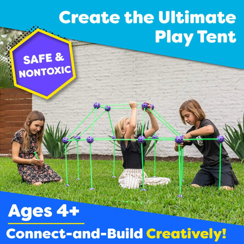 Glow In The Dark Fort Building Kit For Kids 81 Pack With 53 Rods And 28 Spheres assembled into a small play tent by children outdoors.