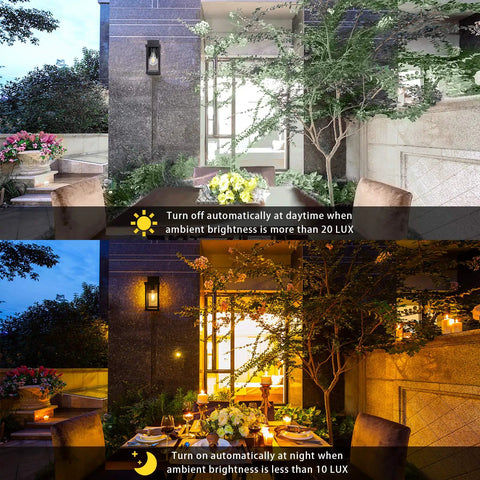 Dusk To Dawn Outdoor Wall Lantern Fixture Set Of 2 With IC Sensor Matte Black Exterior Wall Mount Porch Lights on patio at day and night