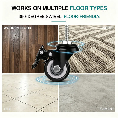 Heavy Duty Pvc Caster Wheels Smooth Rollin Two Inch Thick With 360 Swivel And Locking Brake on various floor types.