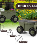 Rolling Garden Cart With Seat For Planting And Weeding Plastic Storage Bench And Interior Tool Tray shown in garden setting