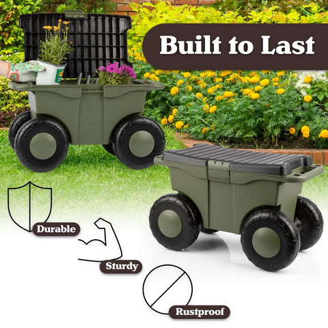Rolling Garden Cart With Seat For Planting And Weeding Plastic Storage Bench And Interior Tool Tray shown in garden setting