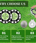 Two Pack Golf Green Reader Bubble Level Hat Clip for Putting Practice, High Precision Horizontal Bubble, Golf Ball Marker Clip, Training Aid and Accessory Gift for Men and Women, Black Green with ruler and coin for scale