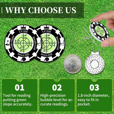 Two Pack Golf Green Reader Bubble Level Hat Clip for Putting Practice, High Precision Horizontal Bubble, Golf Ball Marker Clip, Training Aid and Accessory Gift for Men and Women, Black Green with ruler and coin for scale