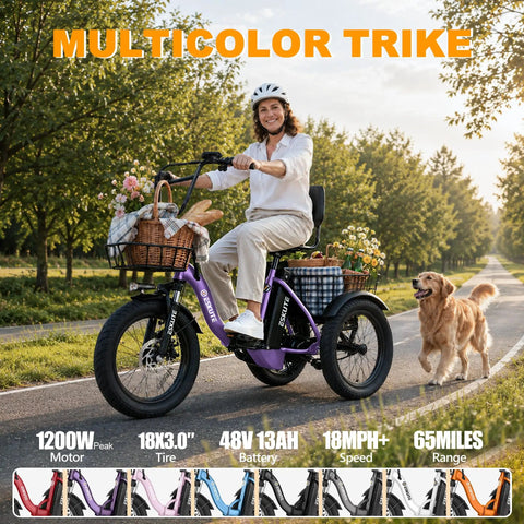 Electric Tricycle For Adults With 1200W Peak Motor Foldable E Trike 48V 13Ah Battery Fat 18x3 Tires 3 Wheel Step Through Ebike With Basket Sweet Ride Easy Mount Up To 65 Miles And 18 MPH, purple step-through trike on road