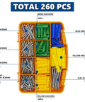 Premium Drywall Anchors And Screws Kit, 260 Piece All In One Wall Mounting Set in plastic case with green and yellow anchors