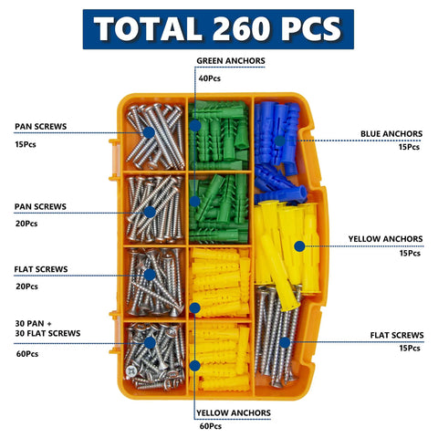 Premium Drywall Anchors And Screws Kit, 260 Piece All In One Wall Mounting Set in plastic case with green and yellow anchors