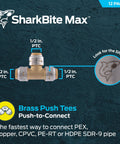 Max 1/2 Inch Push To Connect Brass Tee Fitting Pack Of 12 For PEX Copper CPVC PE RT HDPE Pipes Easy Install Plumbing Connector