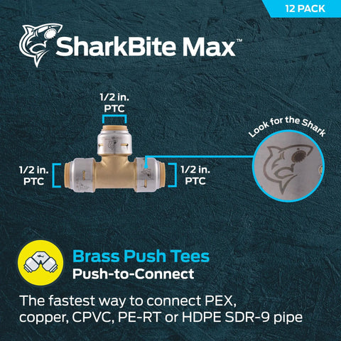 Max 1/2 Inch Push To Connect Brass Tee Fitting Pack Of 12 For PEX Copper CPVC PE RT HDPE Pipes Easy Install Plumbing Connector