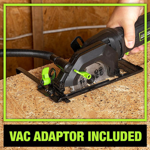 Genesis Mini Circular Saw 4.0 Amp 4-1/2 Inch with Vac Adapter on wood surface