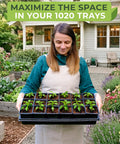 Woman holding 60 Pack Square Nursery Pots For Seedlings, 3.5 Inch Plant Pots With Drainage Holes in a garden, 1020 Tray Optimized