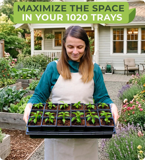 Woman holding 60 Pack Square Nursery Pots For Seedlings, 3.5 Inch Plant Pots With Drainage Holes in a garden, 1020 Tray Optimized