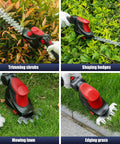 Cordless Hedge Trimmer 18V Max 1500 RPM 2-In-1 Electric Trimming Tool For Yard And Garden Great For Edges And Shaping Battery Not Included Compatible With M18 Lithium Batteries Red used for trimming, shaping, mowing, and edging in four images.