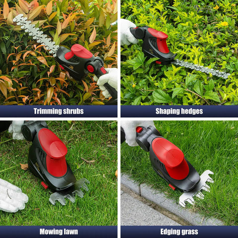 Cordless Hedge Trimmer 18V Max 1500 RPM 2-In-1 Electric Trimming Tool For Yard And Garden Great For Edges And Shaping Battery Not Included Compatible With M18 Lithium Batteries Red used for trimming, shaping, mowing, and edging in four images.