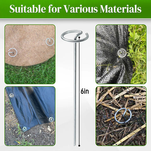 Heavy Duty 6 Inch Galvanized Landscape Stake Set 100 Pcs 11 Gauge Circle Top Garden Staples in different installation views.