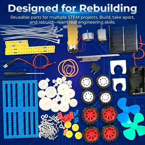 Components of Solar Powered STEM Kit For Kids Ages 8 Through 14 Build Seven In One Models Like A Solar Car And Motor Science Project