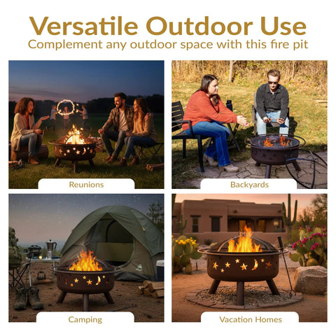 Bronze 30 Inch Outdoor Wood Burning Fire Pit With Grill Grate, Spark Screen, And Poker For Cozy Backyards And Campouts