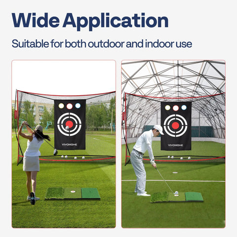 Heavy Duty Pro Grade Golf Practice Net 10 X 7Ft For Hitting, Chipping, And Driving Training shown in outdoor and garage setup