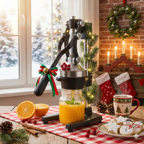 Cast Iron Manual Citrus Juicer Heavy Duty Orange Press with orange juice in jar and festive decor on kitchen table.