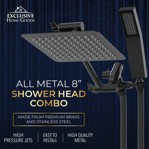 All Metal 8 Inch Dual Square Shower Head With Handheld Wand And 71 Inch Hose Set Powerful High Pressure Rain Shower Head Combo