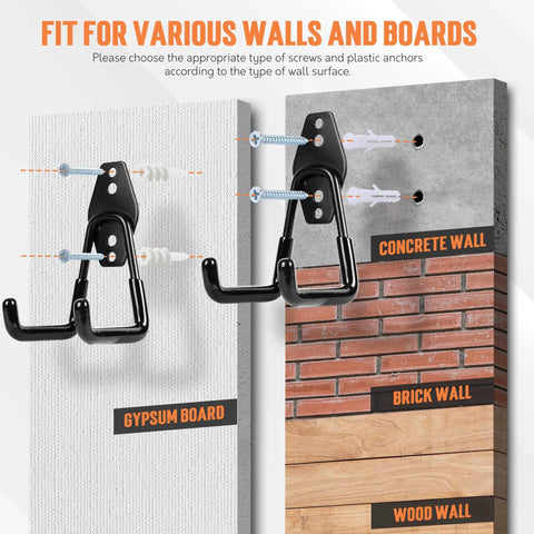 20 Pack Heavy Duty Garage Hooks Set with 7 Sizes and 2 Extension Cord Organizer Straps for wall mounting on various surfaces.