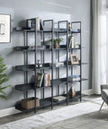 Five Shelf Vintage Industrial Bookcase With Black Metal Frame And MDF Shelves Space Saving Storage Organizer against wall