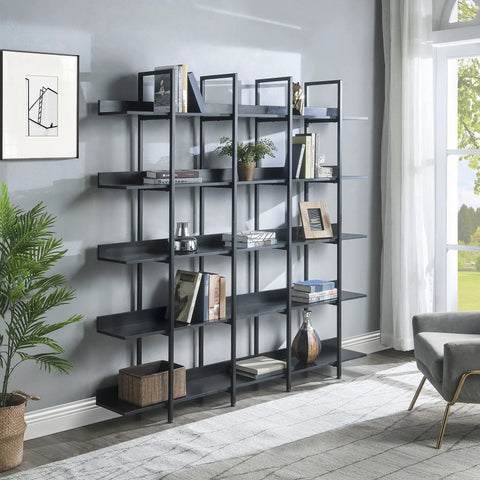 Five Shelf Vintage Industrial Bookcase With Black Metal Frame And MDF Shelves Space Saving Storage Organizer against wall