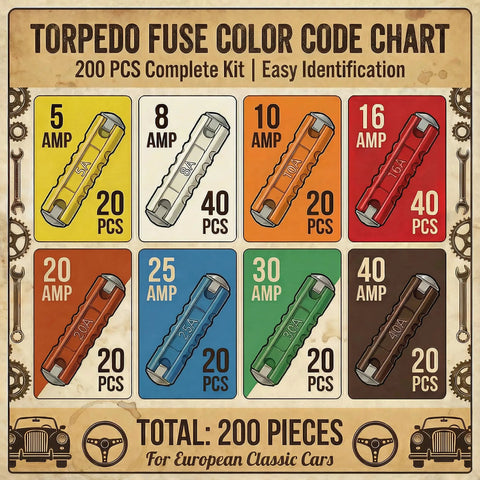 Color-coded torpedo fuse chart for 200 Pcs Torpedo Fuse Kit For Vintage European Cars And Motorcycles 5A To 40A Old School Style.