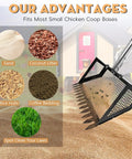 Heavy Duty Chicken Poop Scooper And Rake 2 In 1 with images of sand, coconut litter, rice hulls, and coffee bedding