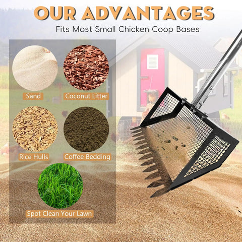 Heavy Duty Chicken Poop Scooper And Rake 2 In 1 with images of sand, coconut litter, rice hulls, and coffee bedding