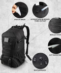 Rugged 30L Tactical Backpack for Men and Women, Everyday Carry Ready, showing features like patch area, waterproofing, and Molle system.