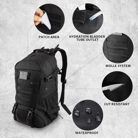 Rugged 30L Tactical Backpack for Men and Women, Everyday Carry Ready, showing features like patch area, waterproofing, and Molle system.